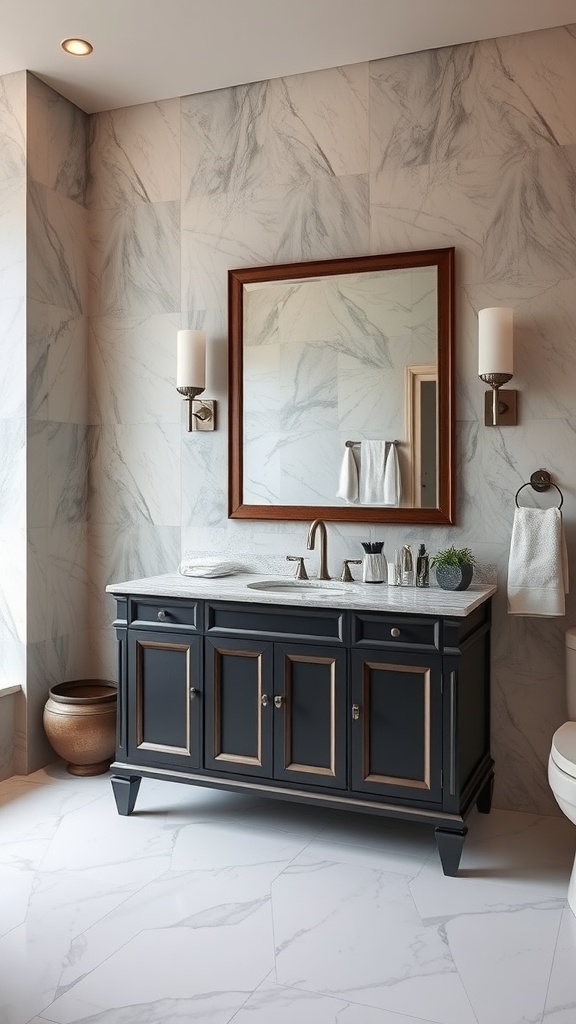 A sophisticated dark bathroom featuring a stylish black vanity with gold accents and a marble countertop.