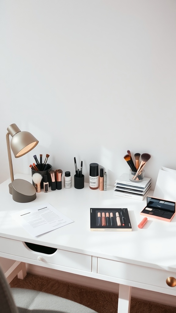 A stylish workspace featuring a white desk with makeup products and a lamp