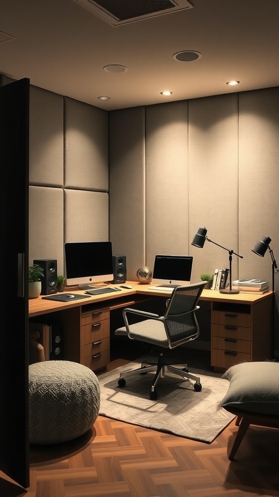 A soundproofed home office with soft lighting, sound-absorbing walls, and organized desk space.