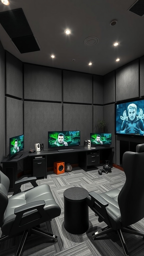A soundproofed gaming room featuring multiple monitors and ergonomic chairs