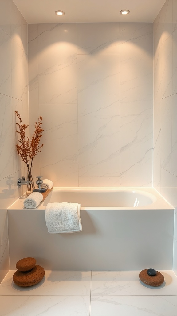 A modern spa-inspired bathtub nook with soft lighting, decorative stones, and neatly rolled towels.