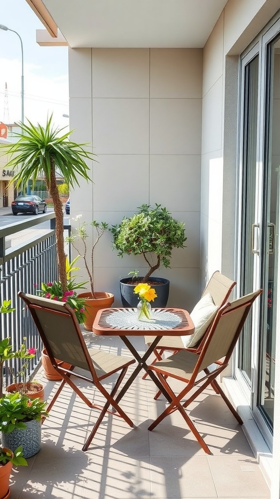 Small balcony with space-saving folding table and chairs surrounded by plants