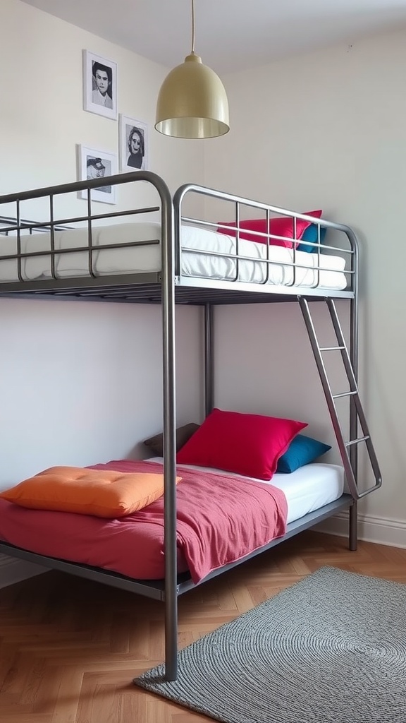 Stylish metal bunk beds with colorful pillows in a cozy room.