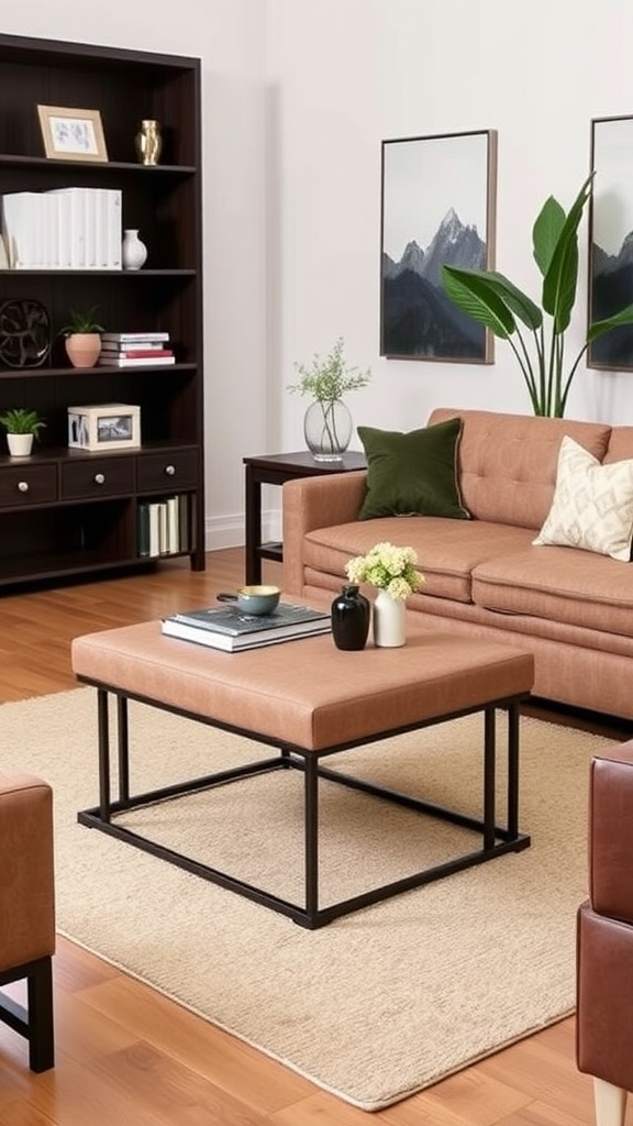 A living room featuring a pair of white nesting ottomans under a coffee table, surrounded by a sofa and decorative plants.