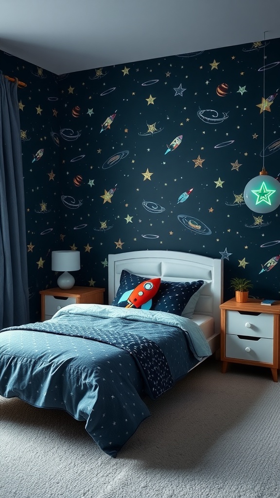 A boy's bedroom designed with a space exploration theme, featuring galaxy wallpaper, star-shaped lighting, and space-themed bedding.