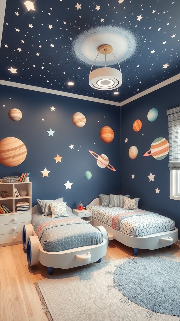 A bedroom designed for kids with a space theme, featuring a rocket-shaped bed, starry ceiling, and planet decorations.