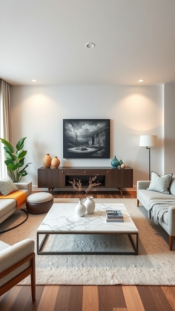 A stylish living room showcasing a marble coffee table surrounded by sofas, decorative items, and a plant.