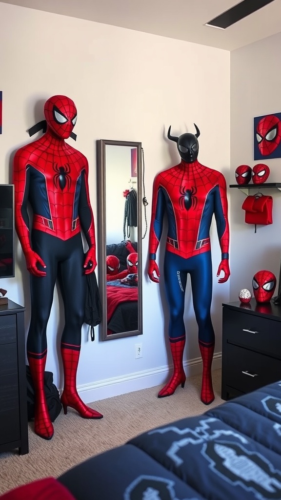 Spider-Man costume corner featuring several Spider-Man outfits, a Spider-Man figure, and themed decor.