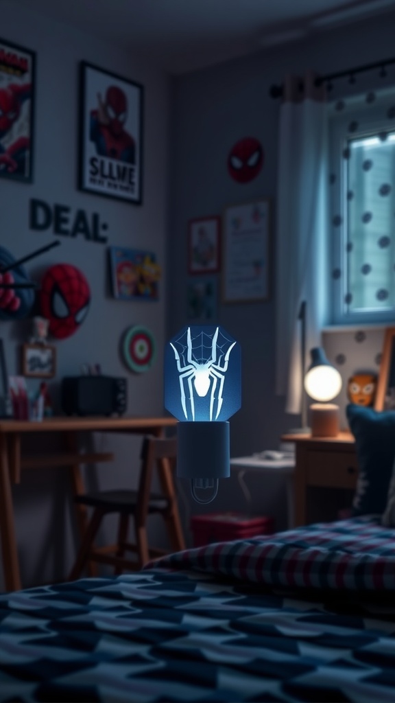 Spider-Man nightlight illuminating a bedroom with a cozy atmosphere