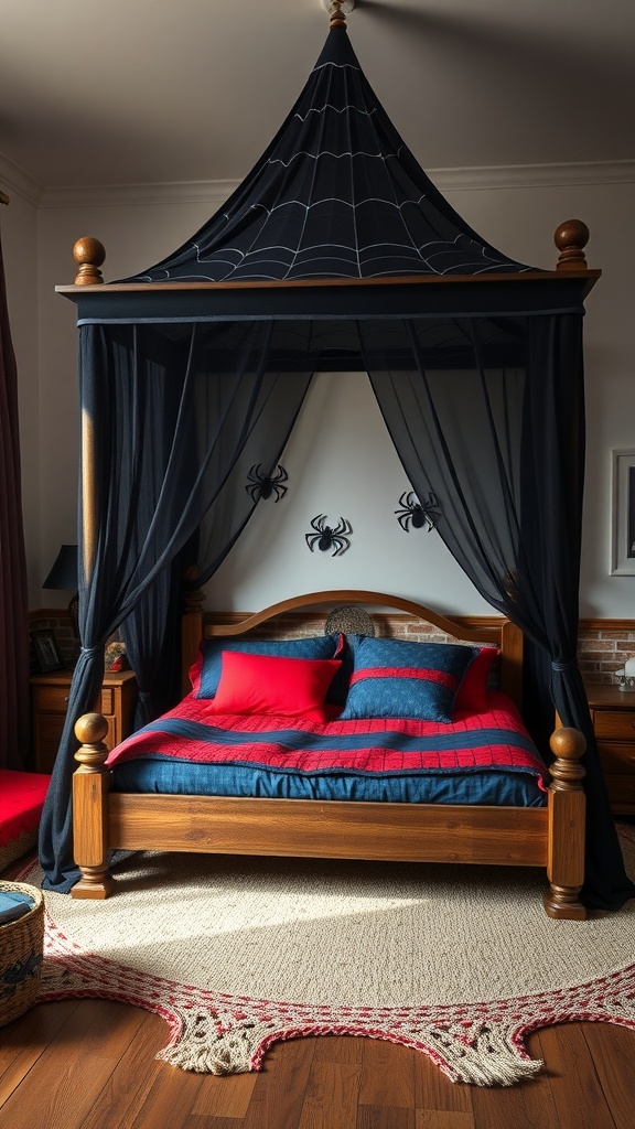 A cozy Spider Web Canopy Bed with black netting and red and blue bedding, surrounded by spider-themed decor.