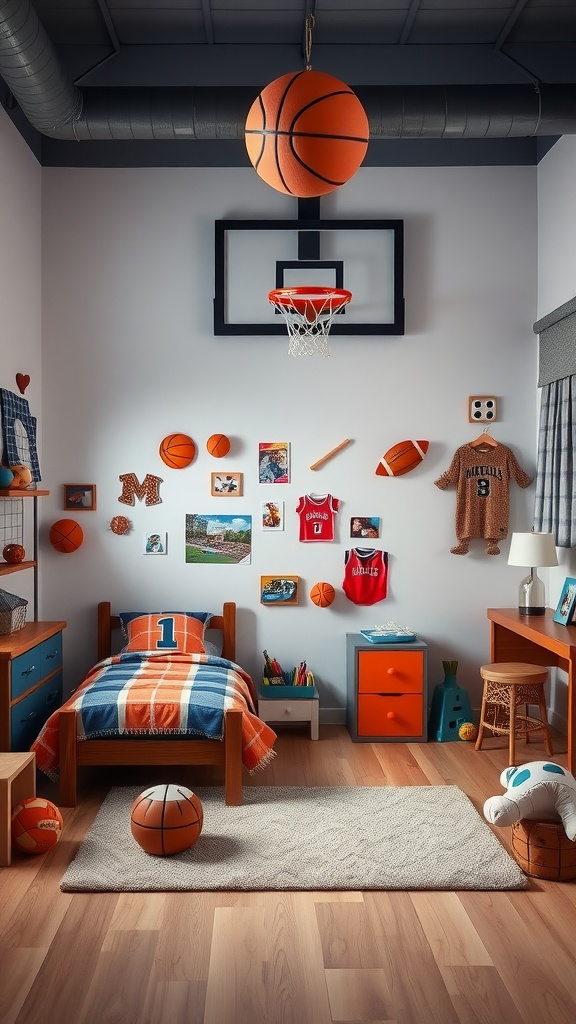 A boy's bedroom designed for a sports enthusiast with basketball decor, a hoop, and vibrant colors
