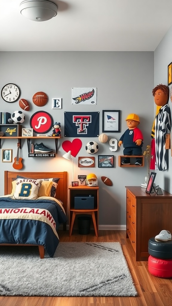 A teen boy's bedroom decorated with sports memorabilia, featuring a neatly made bed, action figures, and sports-themed decor.