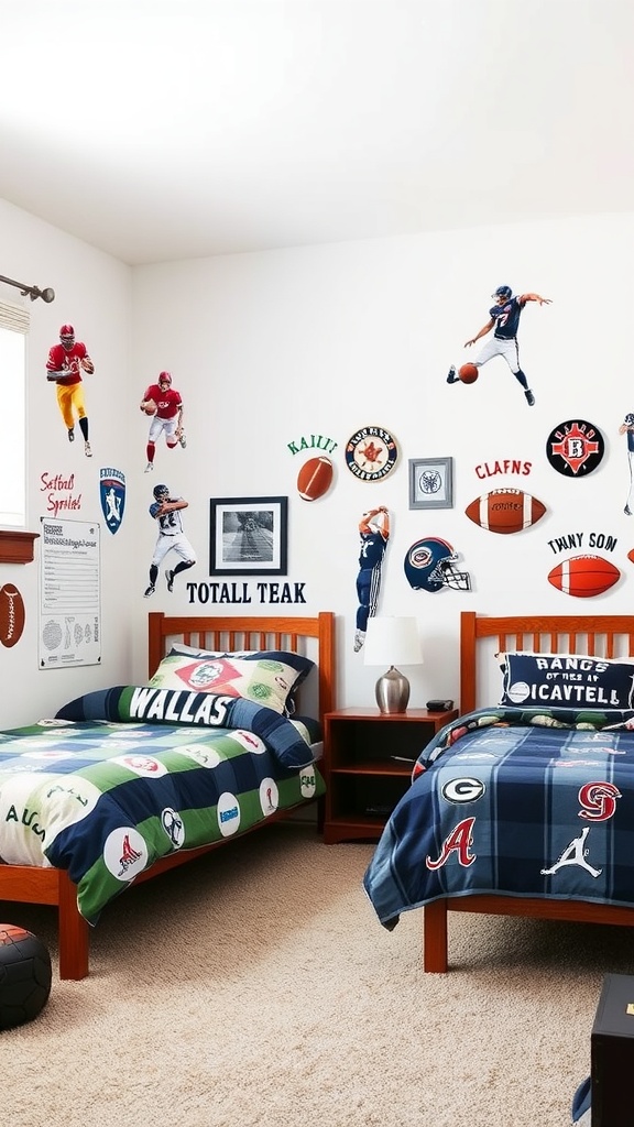 A sports-themed bedroom for two boys, featuring beds with sports logo bedding and walls decorated with athlete figures and memorabilia.