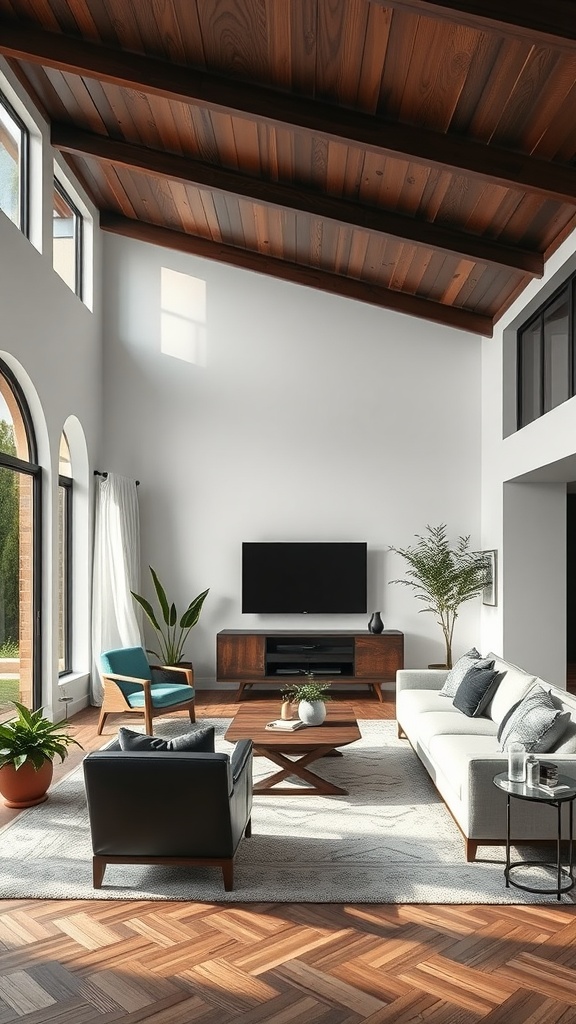 Living room with stained wood ceiling and modern furnishings