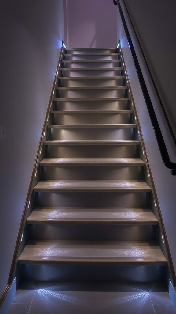 A staircase with warm LED strip lighting along each step, enhancing safety and style.