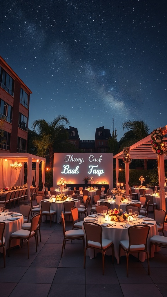 Elegant outdoor dining setup under a starlit sky with beautifully arranged tables and warm lighting.
