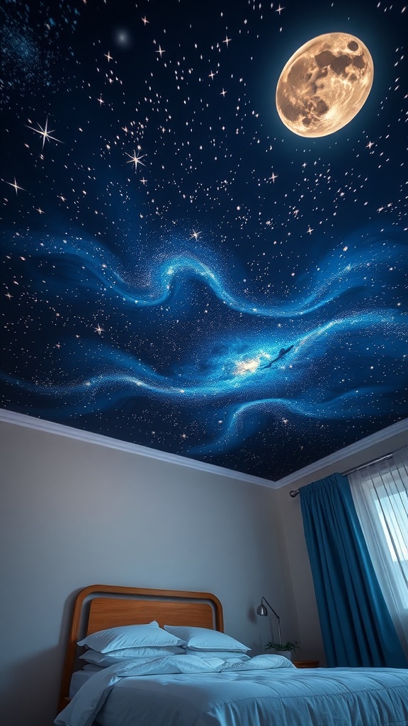 A beautifully painted starry night sky mural on a bedroom ceiling, featuring a bright moon and sparkling stars.