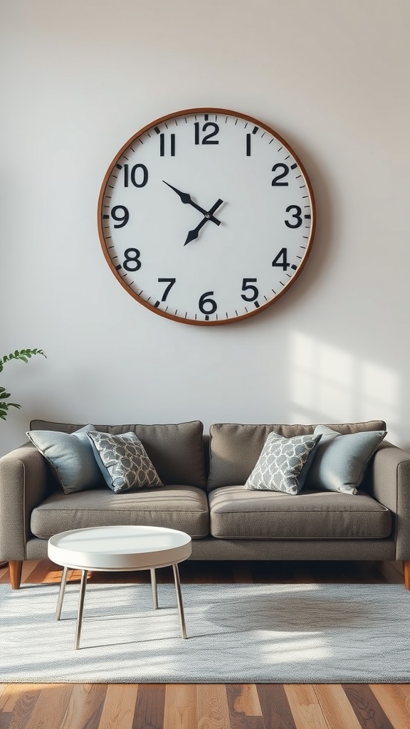 A large wall clock above a cozy couch with decorative pillows