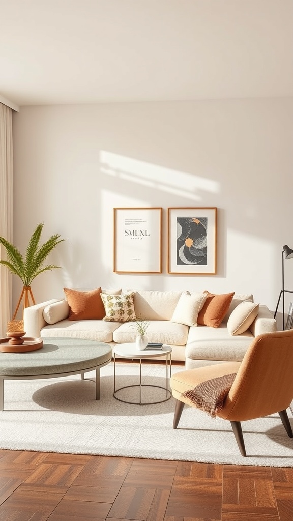 A stylish beige living room featuring a cozy sectional sofa with orange and green accents, a round coffee table, a unique chair, and framed artwork on the walls.