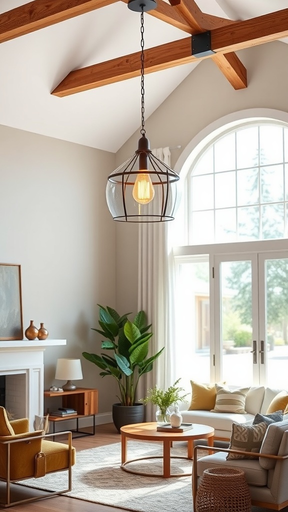 A modern farmhouse living room featuring a stylish pendant light, wooden beams, and cozy furniture.