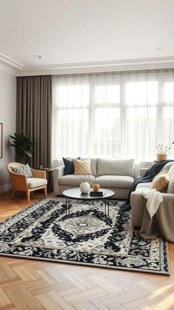 A stylish living room featuring a statement black and white rug, cozy furniture, and natural light.