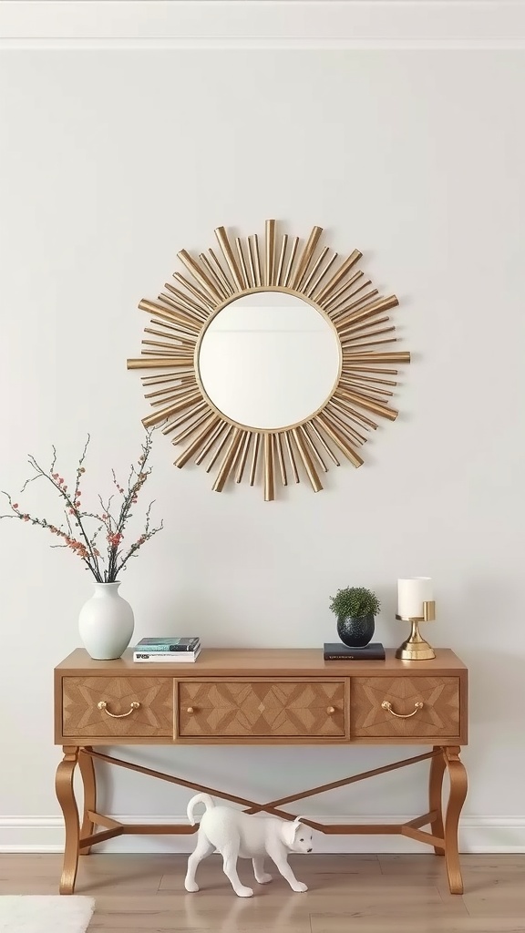 A stylish sunburst mirror in gold above a console table with decorative items.