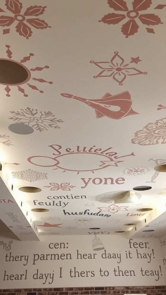 A stenciled ceiling in a basement featuring floral and whimsical designs in light pink and cream.