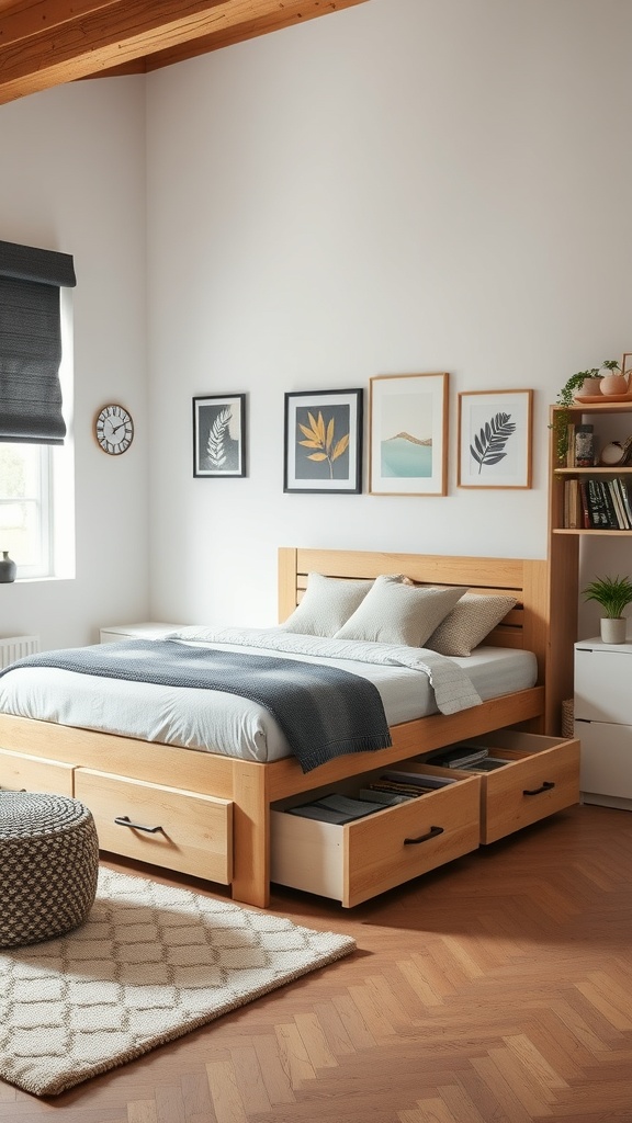 A cozy bedroom featuring a wooden storage bed frame with built-in drawers, decorated with soft bedding and framed art on the walls.