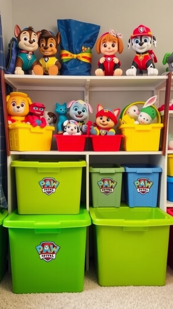 Colorful Paw Patrol storage bins and plush toys in a boy's bedroom