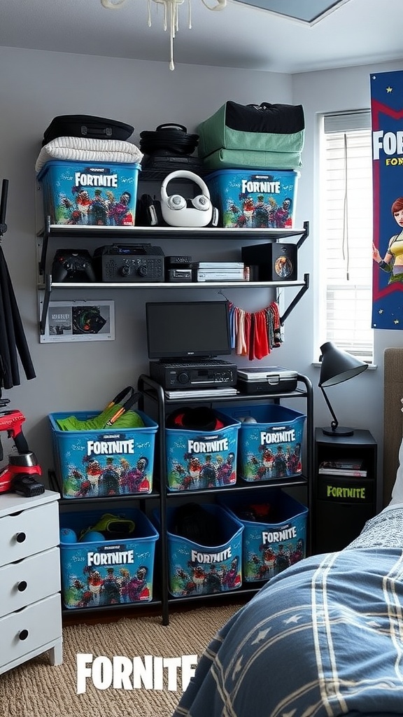 Organized gaming gear in a Fortnite-themed bedroom with colorful storage bins.