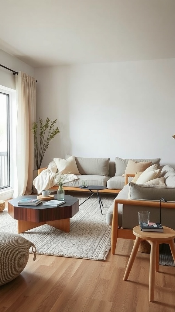 A minimalist living room featuring a soft couch, stylish coffee table, and natural decor.