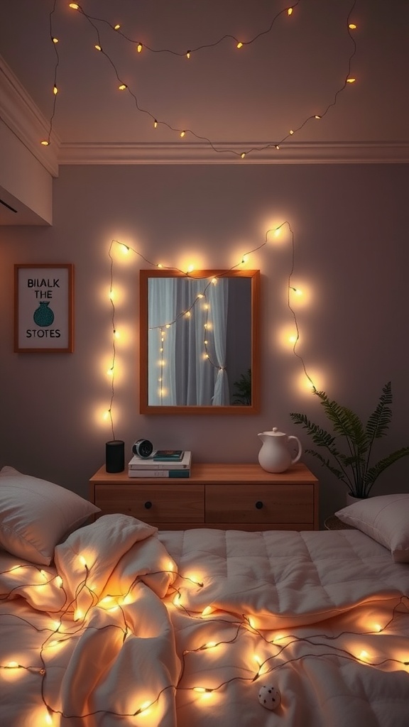 A cozy bedroom with string lights draped around a mirror and bed, creating a warm and inviting atmosphere.