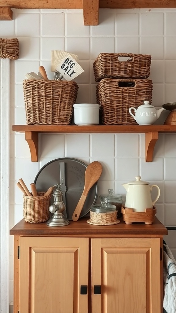 Stylish woven baskets on a kitchen shelf, adding rustic charm.