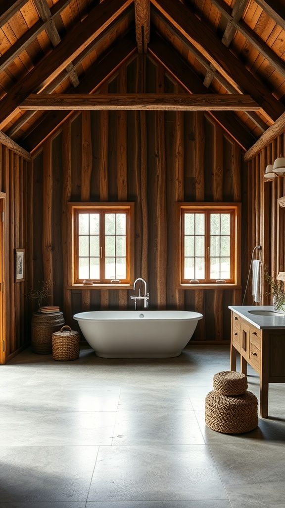 A stylish bathroom in a modern barn house featuring wooden walls, a freestanding bathtub, and a wooden vanity.