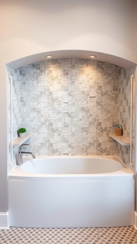 Stylish bathtub with a textured wall surround and small shelves