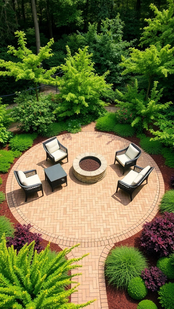 A circular paver patio with comfortable seating and a fire pit, surrounded by lush greenery.