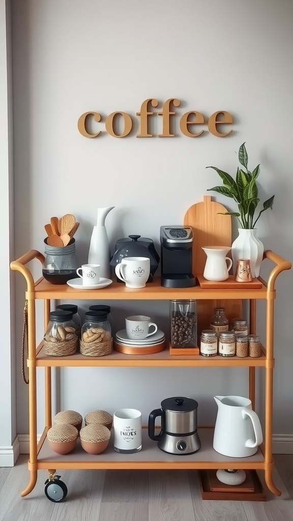 A stylish coffee bar cart with coffee essentials, showcasing mugs, a coffee maker, and a charming plant.