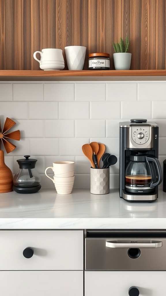Stylish coffee station with a coffee maker, mugs, utensils, and decorative items on a kitchen counter.