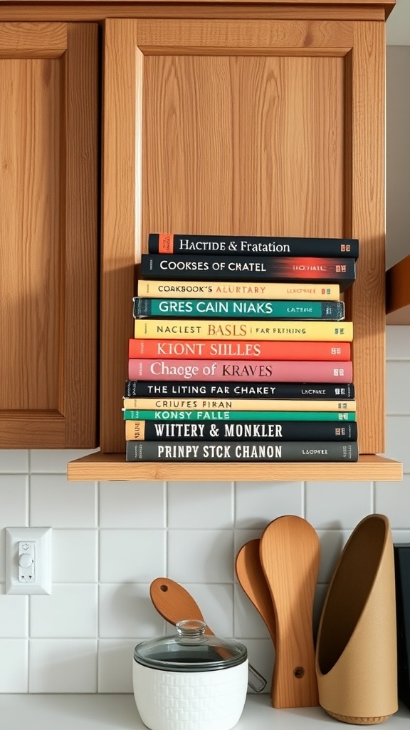 A stylish arrangement of colorful cookbooks stacked above kitchen cabinets.