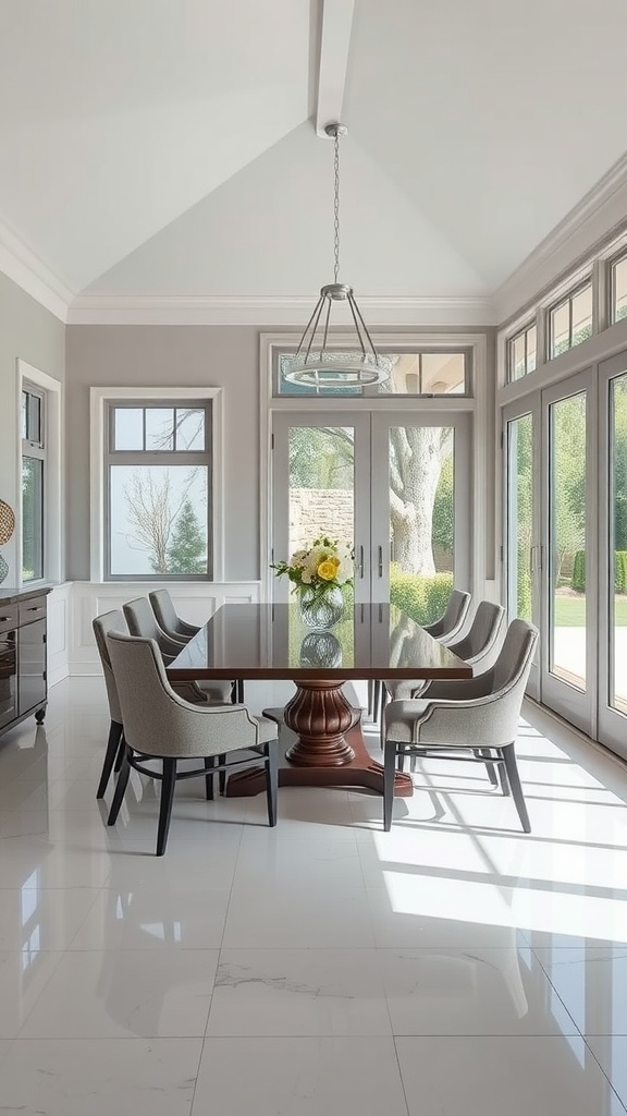 A stylish dining room with a large table, surrounded by chairs, illuminated by natural light from large windows.