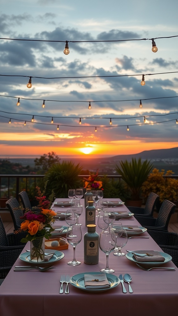 A beautifully set outdoor dining table with a pink tablecloth, floral arrangements, glasses, and a sunset backdrop.