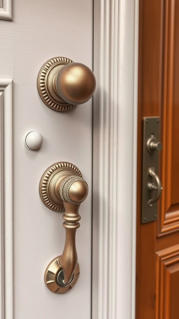 Close-up of stylish door hardware featuring a round knob and elegant handle in a metallic finish.
