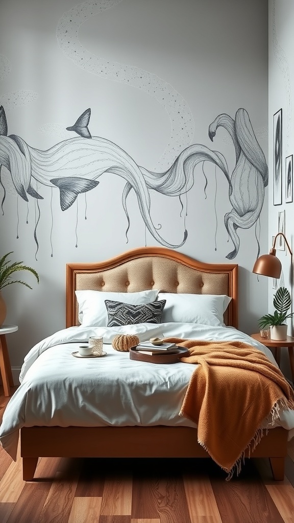 Stylish corner bed with tufted headboard, decorative pillows, and wall art