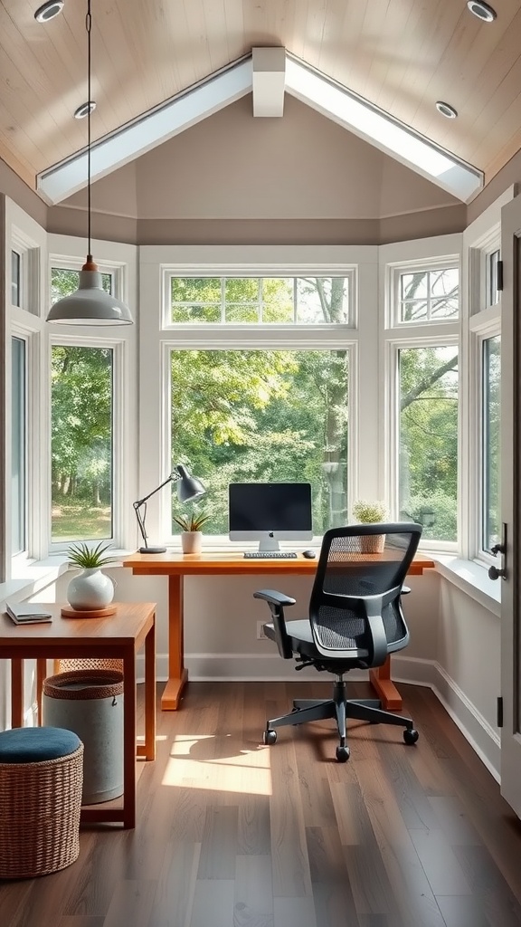 Stylish home office with large windows, wooden desk, and comfortable chair.