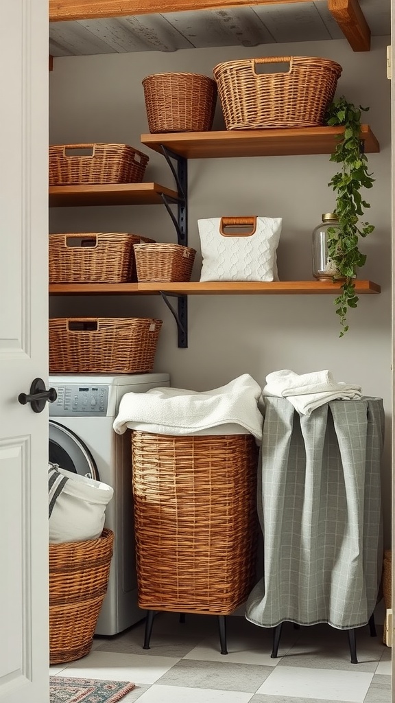 A rustic laundry room featuring woven baskets on shelves and a washing machine.