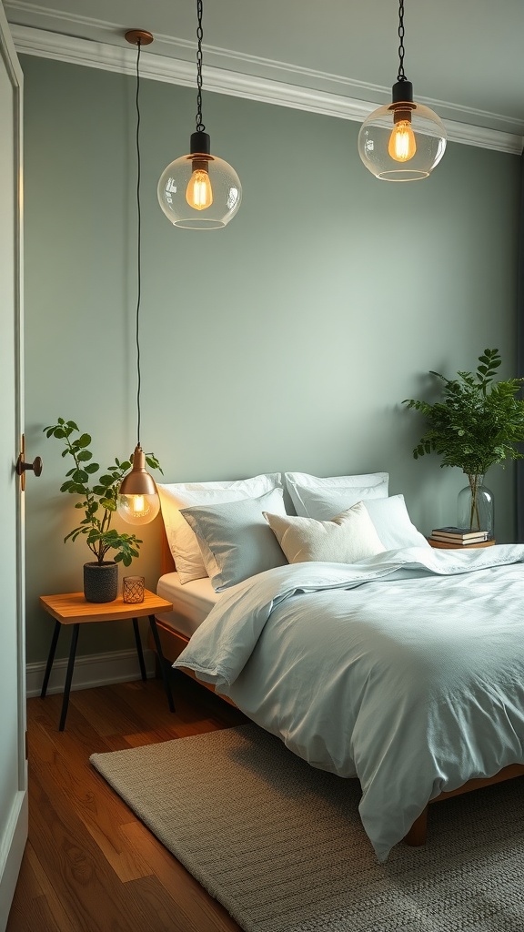 A cozy sage green bedroom featuring stylish pendant lighting and plants.
