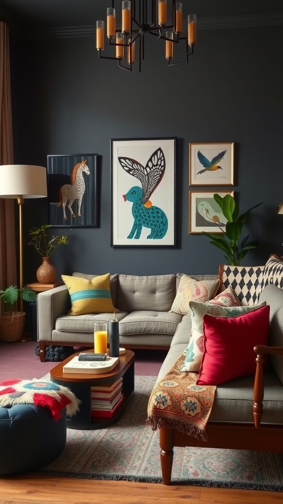 Stylish living room with dark walls, colorful decor, and eclectic art pieces.