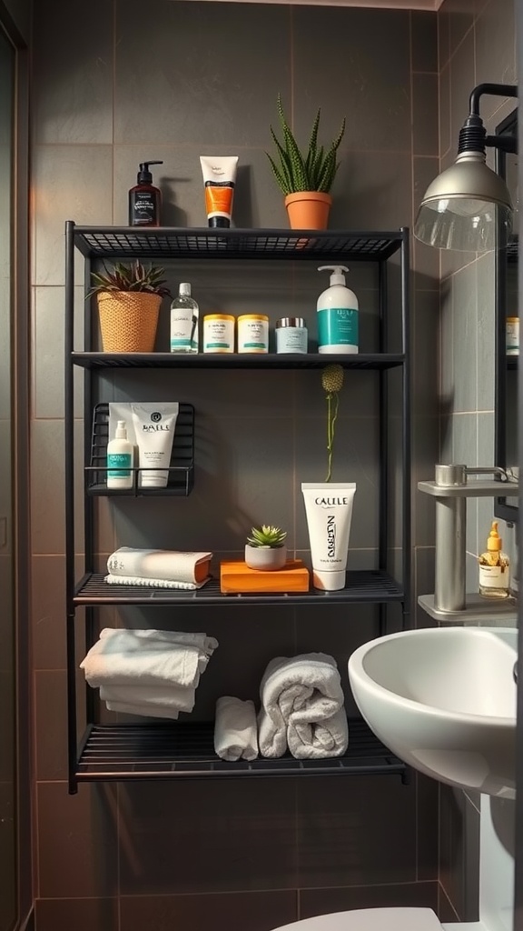Stylish black metal shelves in a bathroom displaying toiletries and plants
