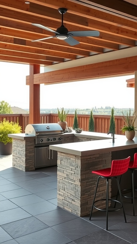 Stylish outdoor kitchen with grill, stone countertops, and red seating.