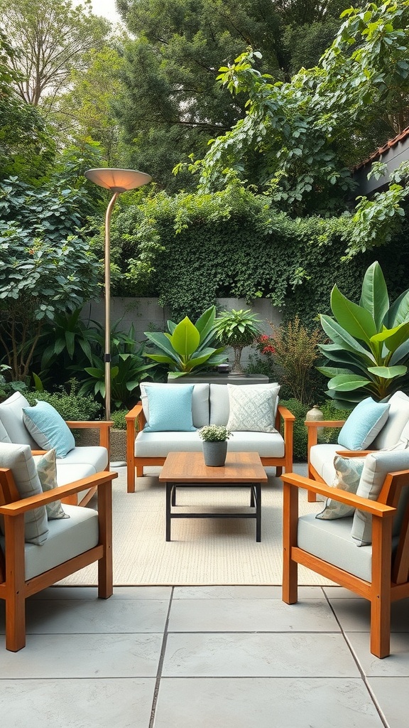 A stylish outdoor lounge area featuring wooden chairs, soft cushions, a coffee table, and surrounded by lush greenery.